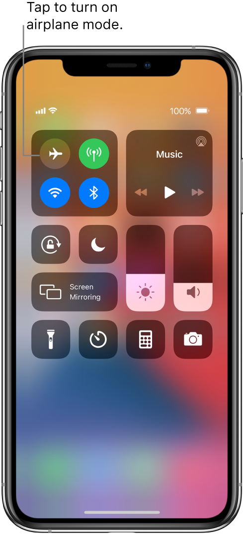 The Control Center screen with a callout explaining that tapping the top-left button turns on airplane mode.