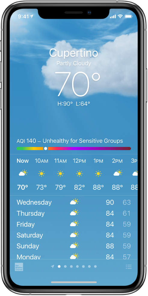 The Weather screen showing the location, current temperature, the high and low temperatures for the day, and an air quality index chart that reads Unhealthy for Sensitive Groups. In the middle of the screen is the current hourly forecast followed by the forecast for the next 7 days. A row of dots at the bottom center shows how many locations are in the location list. At the bottom right corner is the Edit Cities button.