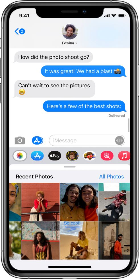 A Messages conversation, showing the iMessage Photos app below it. The iMessage Photos app shows, from the top left, the links to Recent Photos and All Photos. Below that are the recent photos, all of which can be viewed by swiping left.