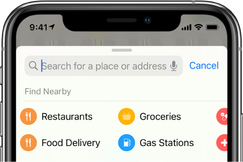 Categories for four nearby services appear below the search field. The categories are Restaurants, Groceries, Food Delivery, and Gas Stations.