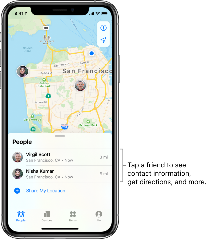 The Find My screen open to the People tab. There are two friends in the People list: Virgil Scott and Nisha Kumar. Their locations are shown on a map of San Francisco.