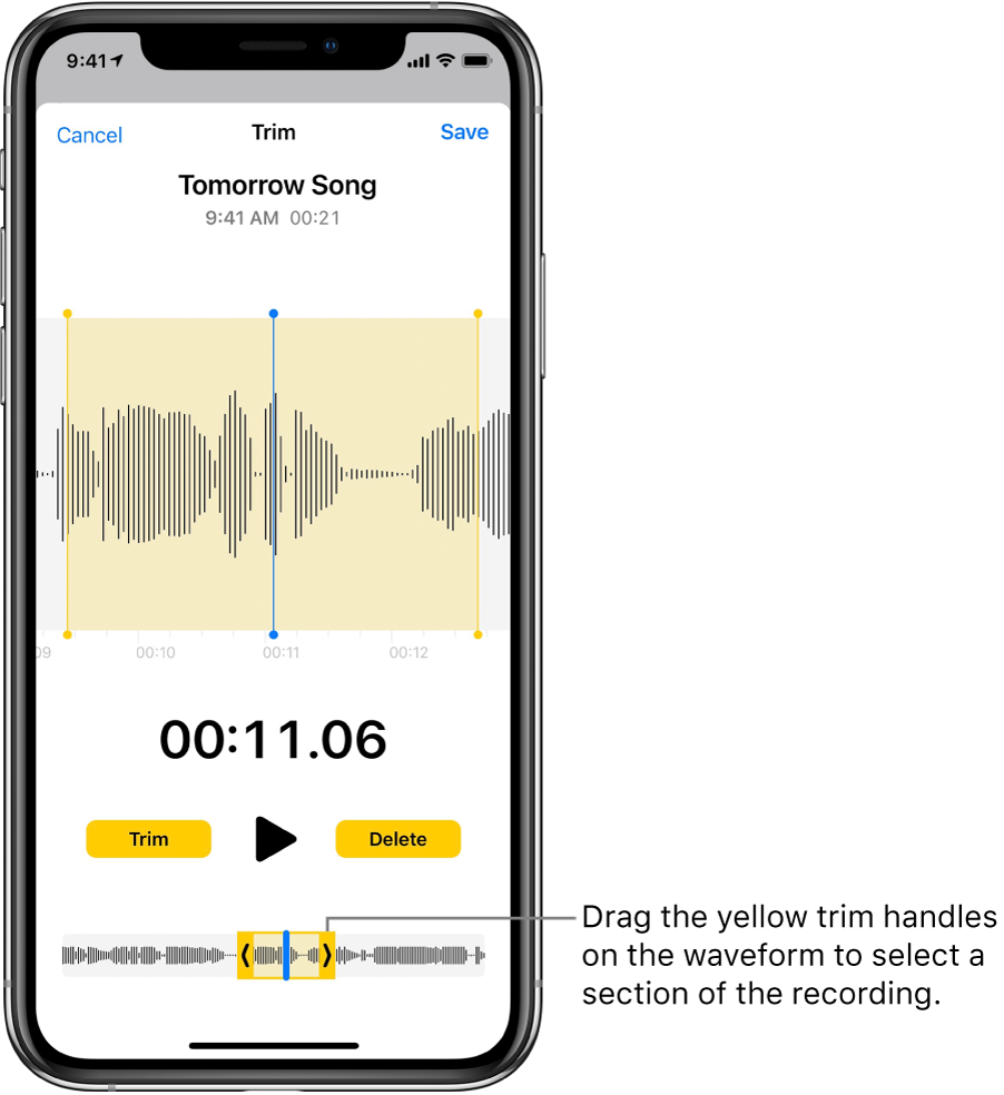 A recording being trimmed, with the trim handles enclosing a portion of the audio waveform at the bottom of the screen. A Play button and a recording timer appear above the waveform. The trim handles are below the Play button. The Trim button for deleting the part of the recording outside the handles, and the Delete button for deleting the part of the recording inside the handles, are on either side of the Play button.