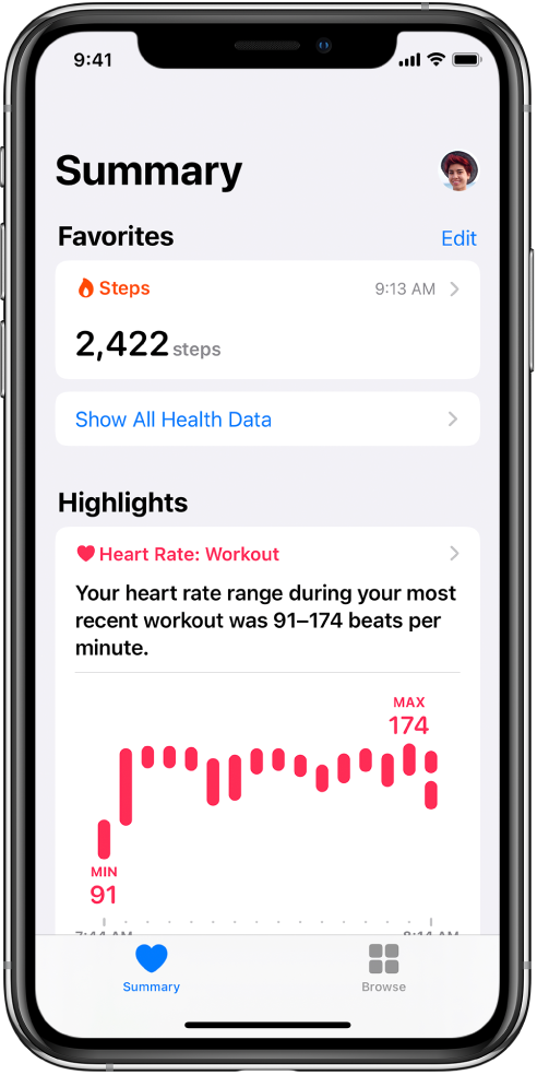 A Summary screen showing Steps as a category of Favorites. Below Highlights, the screen shows information about heart rate during the most recent work out.