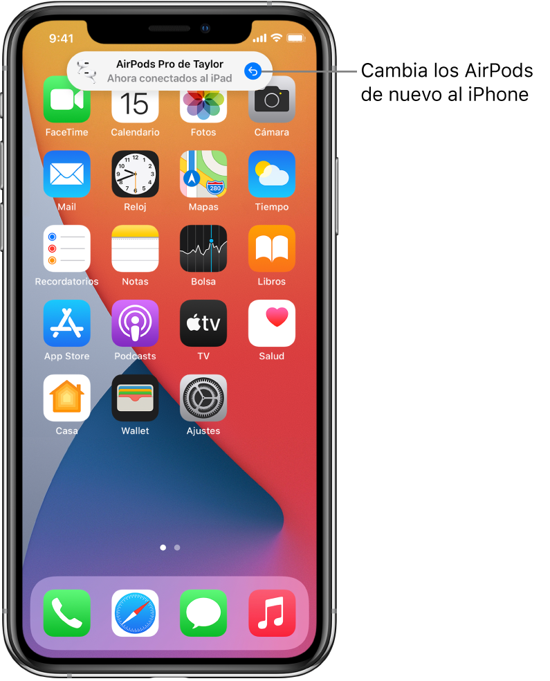 Pantalla bloqueada con un mensaje en la parte superior que indica que los AirPods Pro de Tamara ahora están conectados al iPad, y un botón para volver a cambiar los AirPods al iPhone.