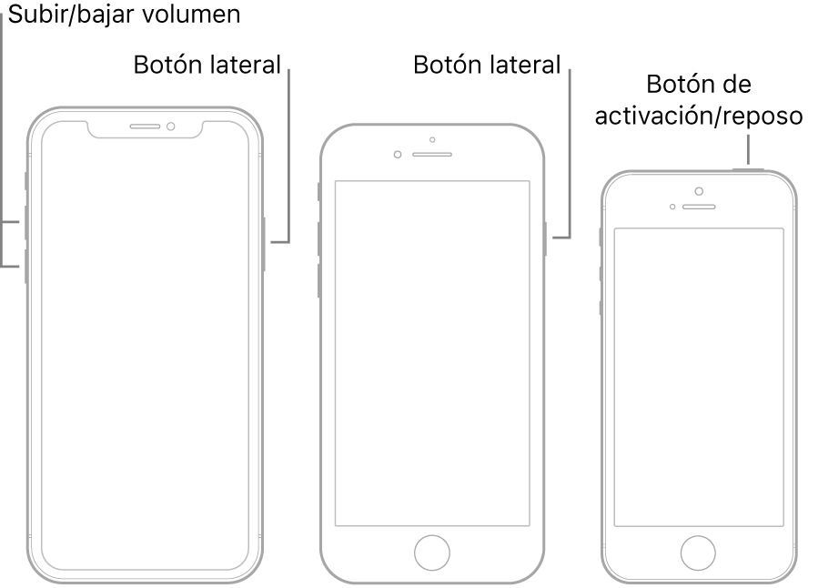 Ilustraciones de tres modelos de iPhone diferentes, todos con las pantallas mirando hacia arriba. La ilustración de la izquierda muestra los botones de subir y bajar volumen en la parte izquierda del dispositivo. El botón lateral se muestra a la derecha. La ilustración central muestra el botón lateral en la parte derecha del dispositivo. La ilustración de la derecha muestra el botón de activación/reposo en la parte superior del dispositivo.
