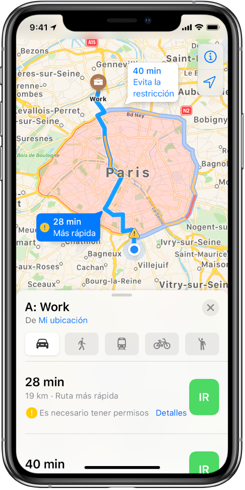 Mapa de carreteras con París en el centro que muestra una ruta rápida que atraviesa directamente la ciudad y una ruta más lenta rodeando la ciudad que evita restricciones.