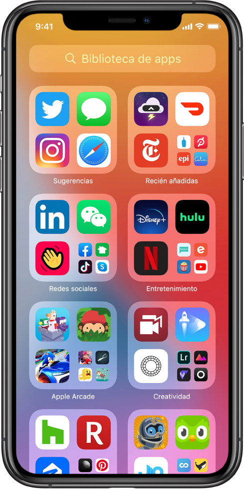 Biblioteca de apps del iPhone con las apps organizadas por categorías (Sugerencias, “Añadidas recientemente”, “Redes sociales”, Entretenimiento, etc.).