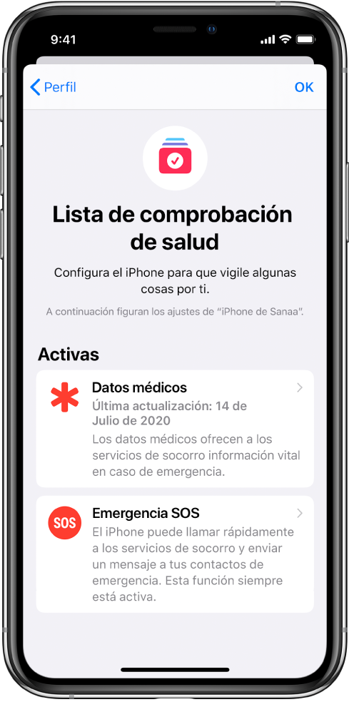 Pantalla “Lista de comprobación de salud” que muestra que “Datos médicos” y “Emergencia SOS” están activos.