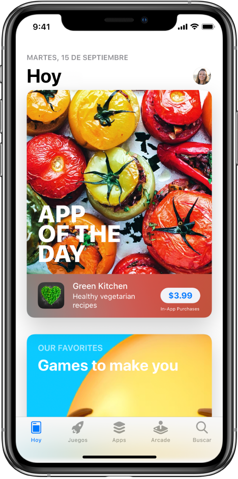 Pantalla Hoy de App Store con información sobre una app destacada. La imagen de tu perfil, que puedes pulsar para ver tus compras y gestionar tus suscripciones, está en la parte superior derecha. A lo largo del borde inferior, de izquierda a derecha, se muestran las pestañas Hoy, Juegos, Apps, Arcade y Buscar.