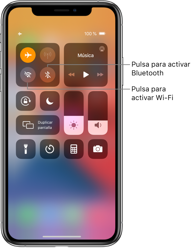 Centro de control con el modo Avión activado. Los botones para activar la conexión Wi-Fi o Bluetooth están cerca de la esquina superior izquierda de la pantalla.