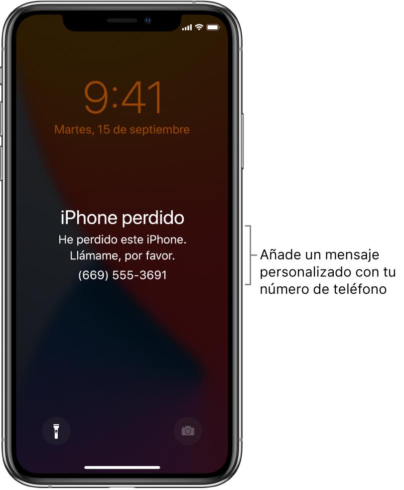 Pantalla bloqueada de un iPhone con el mensaje: “iPhone perdido. Este iPhone se ha perdido. Llámame. 669 555 369”. Puedes añadir un mensaje personalizado con tu número de teléfono.