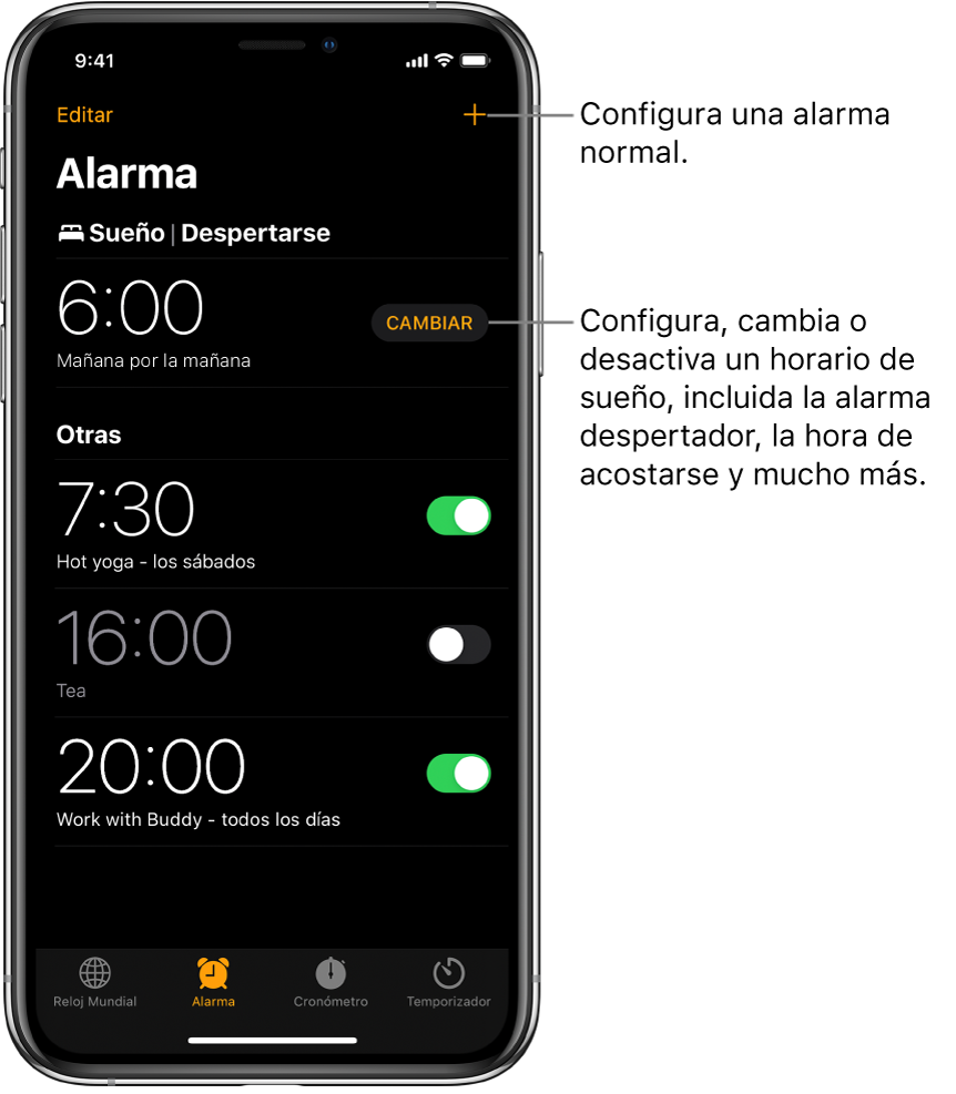 La pestaña Alarma, con cuatro alarmas definidas para horas distintas, el botón para programar una alarma periódica en la parte superior derecha y la alarma despertador, con un botón para cambiar el horario de sueño en la app Salud.