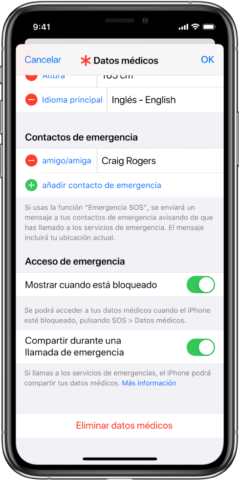 La pantalla “Datos médicos”. En la parte inferior están las opciones para mostrar la información de los datos médicos cuando la pantalla del iPhone está bloqueada y al hacer una llamada de emergencia.