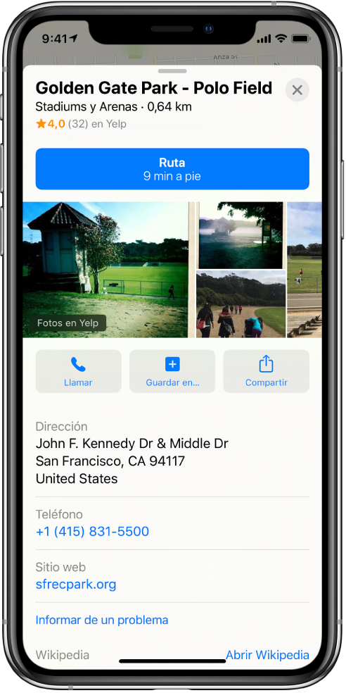 Tarjeta de información de un parque. Cerca de la parte superior de la tarjeta, se muestra el botón Ruta. Debajo de ese botón se ven fotos del parque. Debajo de las fotos, de izquierda a derecha, se encuentran los botones Llamar, “Guardar en” y Compartir. Debajo de los botones aparece información adicional, como una dirección, un número de teléfono y un enlace de un sitio web.