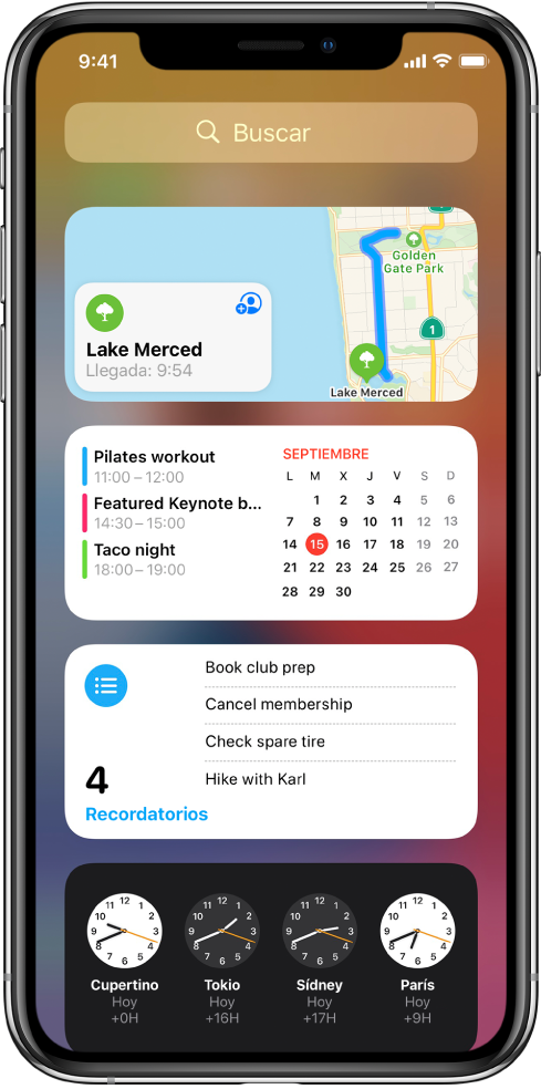 Widgets de la visualización Hoy en el iPhone, incluidos los widgets de Mapas, Calendario, Recordatorios y Reloj.