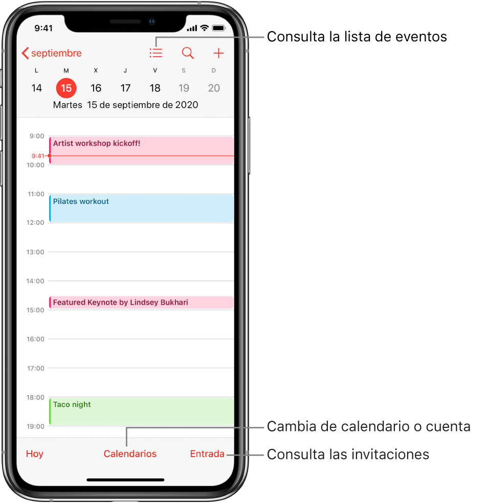 Calendario en la visualización diaria con los eventos del día. Pulsa el botón Calendarios de la parte inferior de la pantalla para cambiar las cuentas de calendarios. Pulsa el botón Entrada situado en la parte inferior derecha para ver las invitaciones.