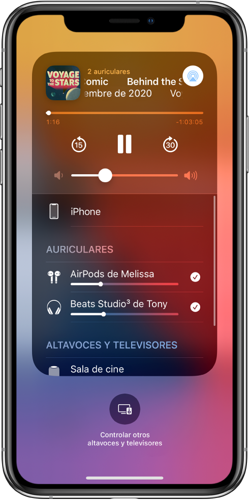 Pantalla del centro de control con unos auriculares AirPods y Beats conectados.