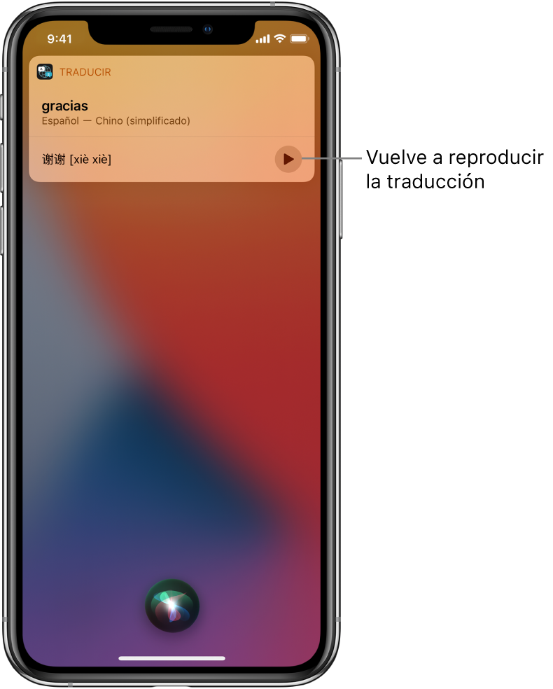 Siri muestra una traducción de la frase “gracias” en chino mandarín. Un botón situado a la derecha de la traducción reproduce el audio de la traducción.