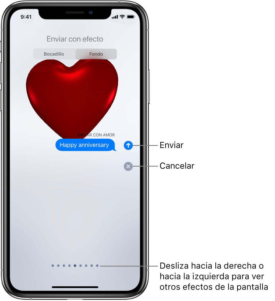Vista previa de un mensaje con un efecto de pantalla completa con un corazón rojo.