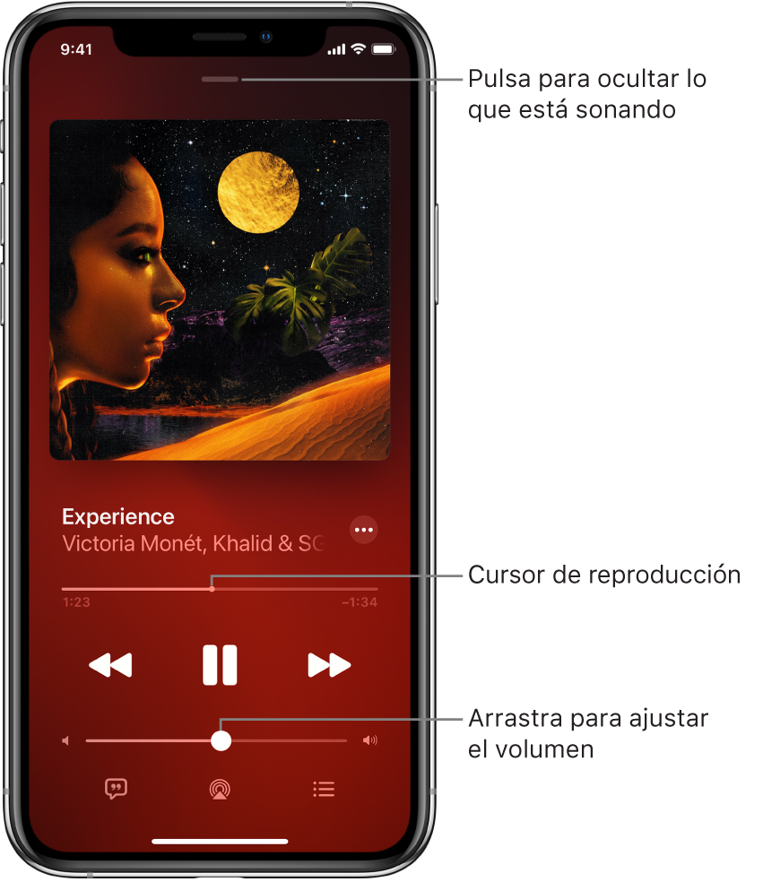 Pantalla “En reproducción” con la ilustración del álbum. Debajo se encuentran el título de la canción, el nombre del artista, el botón Más, el cursor de reproducción, los controles de reproducción, el regulador de volumen y los botones Letra, “Destino de la reproducción” y Cola. El botón de ocultar “En reproducción” se encuentra en la parte superior.