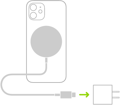 Ilustración que muestra un extremo del cargador MagSafe conectado a la parte posterior del iPhone y el otro extremo conectado a un adaptador de corriente.