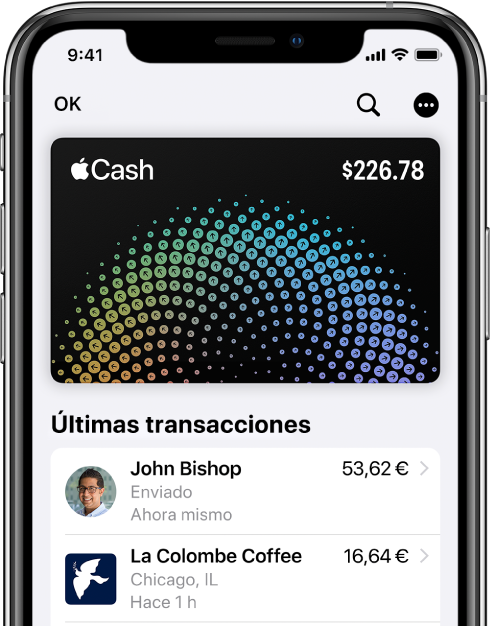 Tarjeta Apple Cash en Wallet, con el botón Más en la parte superior derecha y las transacciones más recientes debajo de la tarjeta.