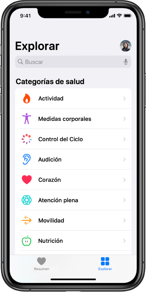 Pantalla “Categorías de salud” en la app Salud.