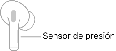 Ilustración de un AirPod derecho en el que se indica la ubicación del sensor de presión. Al colocar el AirPod en el oído, el sensor de presión se encuentra en el borde superior de la parte cilíndrica.