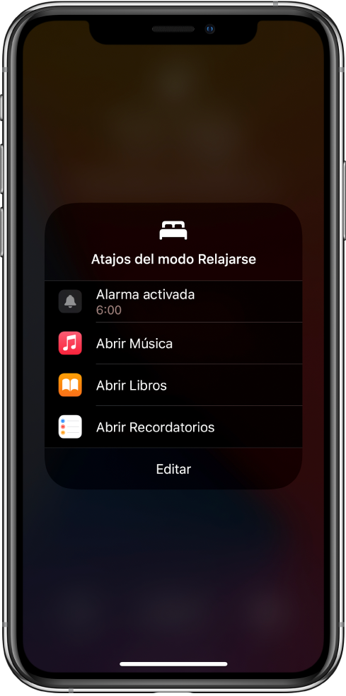 Pantalla “Atajos del modo Relajarse” con atajos para abrir Música, Libros y Recordatorios.