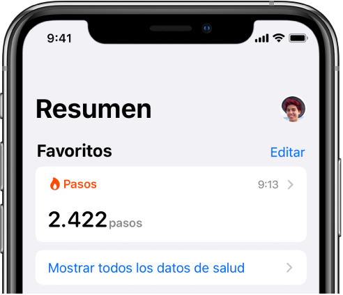 En la pantalla Resumen se muestra una foto de perfil en la parte superior derecha.