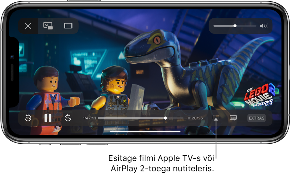 iPhone'i ekraanil esitatakse filmi. Ekraani allservas on taasesituse juhtnupud, k.a all paremal nupp Screen Mirroring.