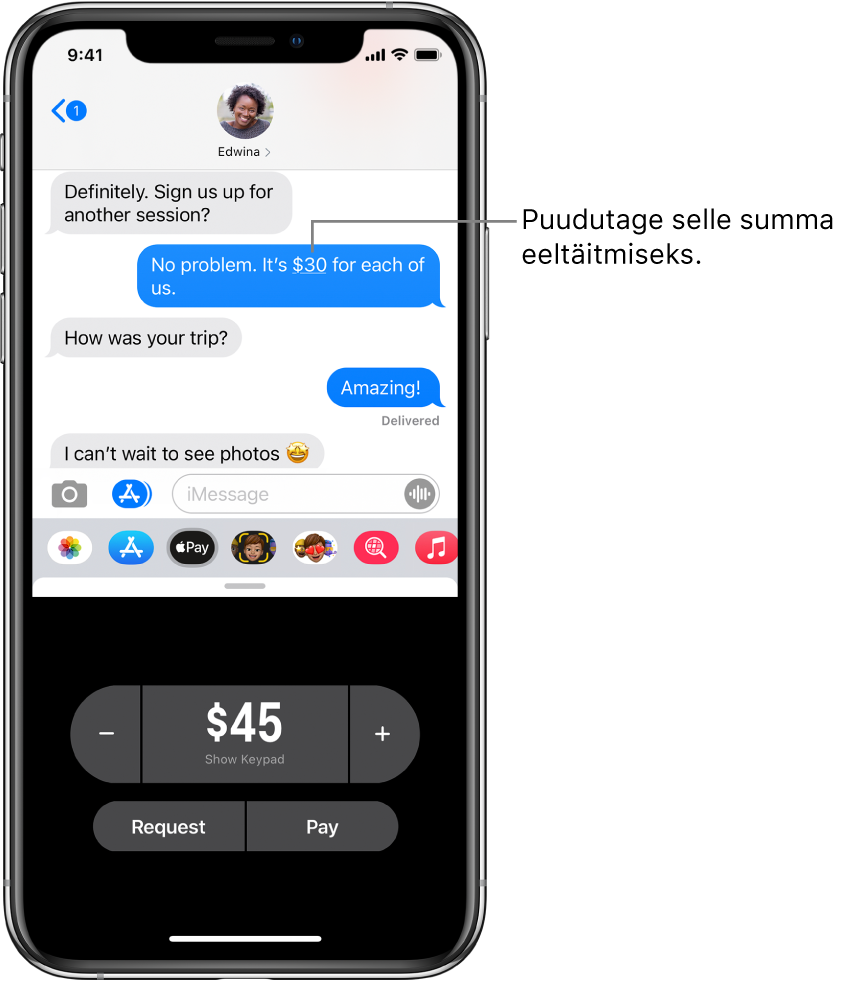 iMessage’i vestlus, kus all on avatud rakendus Apple Pay.