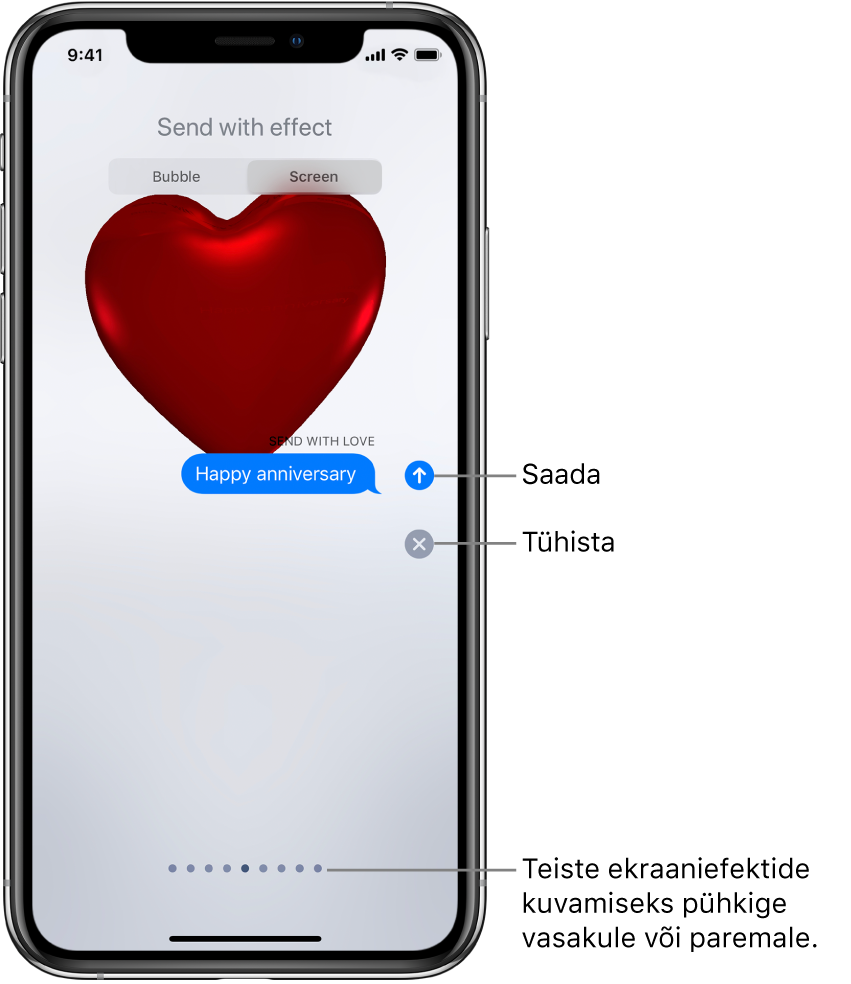 Sõnumi eelvaade, mis kuvab täisekraani efekti koos punase südamega.
