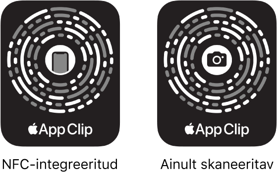 Vasakul on NFC-põhine App Clip Code, mille keskel on iPhone'i ikoon. Paremal on ainult skaneeritav App Clip Code, mille keskel on kaameraikoon.