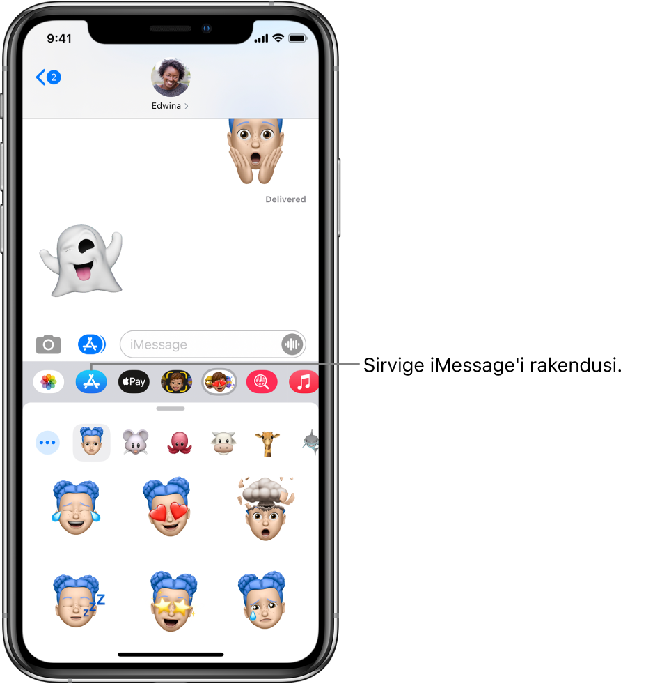 Rakenduse Messages vestlus, kus valitud on nupp iMessage App Browser. Avatud rakenduse sahtlis kuvatakse smailide kleebiseid.