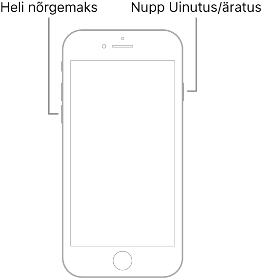 Mudeli iPhone 7 pilt ekraaniga üleval. Helitugevuse vähendamise nupp asub seadme vasakul küljel ning nupp Uinutus/äratus paremal küljel.
