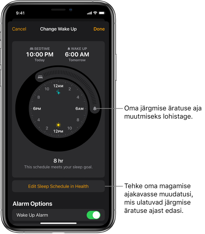 Kuva tänase äratuse muutmiseks, nuppudega magamamineku ja äratuse aja muutmiseks, nupuga magamise ajakava muutmiseks rakenduses Health ning nupuga Wake Up äratuse välja või sisse lülitamiseks.
