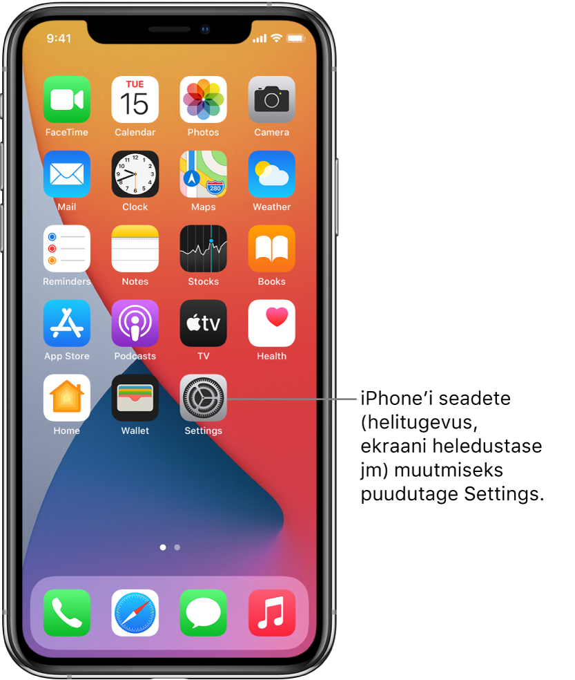 Home Screen-kuva erinevate rakenduste ikoonidega, k.a rakenduse Settings ikoon, mida puudutades saate muuta iPhone’i helitugevust, ekraani heledustaset jm.