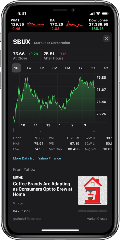 Ekraani keskel oleval graafikul kuvatakse aktsiahinna liikumist päeva jooksul. Graafiku kohal on nupud aktsiahinna liikumise kuvamiseks päeva, nädala, kuu, kolme kuu, kuue kuu, aasta, kahe aasta või viie aasta jooksul. Graafiku all on aktsia üksikasjad, näiteks avamishind, ajavahemiku kõrgeim ja madalaim hind ning turukapitalisatsioon. Graafiku all kuvatakse Apple Newsi uudiseid vastava aktsia kohta.