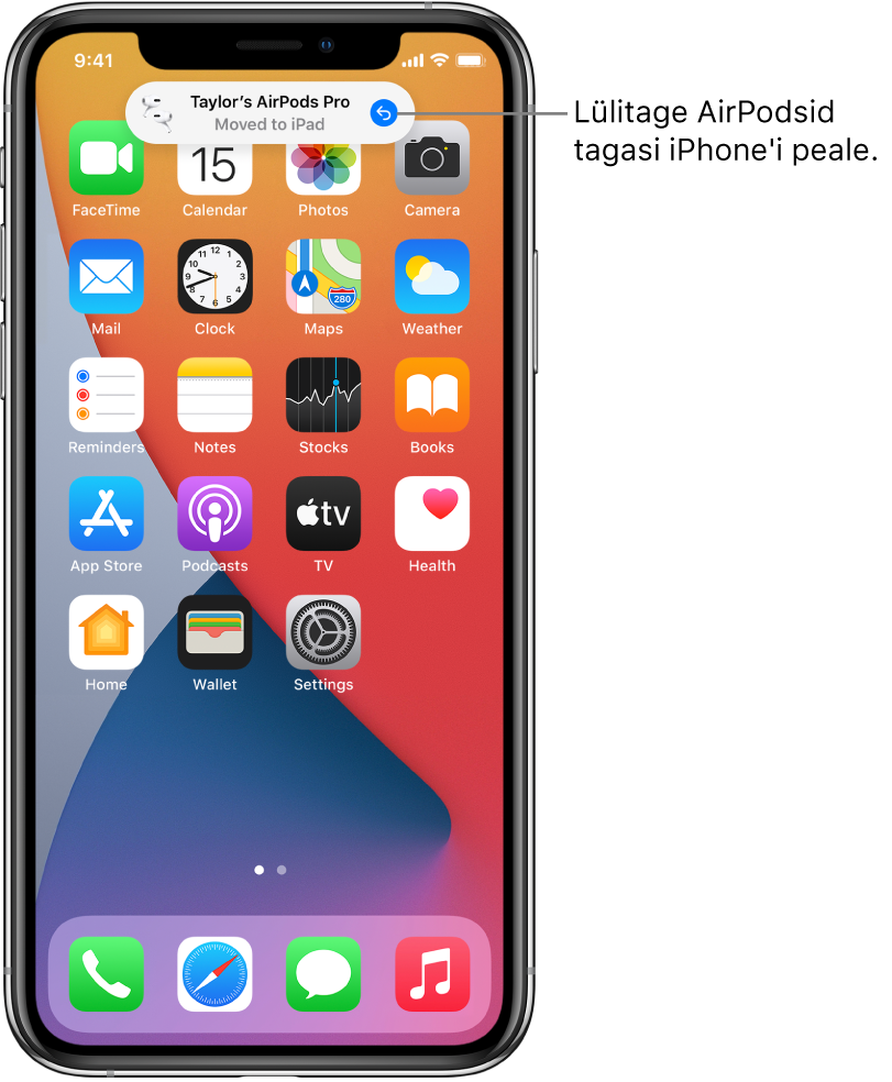 Lock Screen-kuva ülaosas sõnumiga “Taylor’s AirPods Pro Moved to iPad” ning nupuga AirPodside lülitamiseks tagasi iPhone'ile.