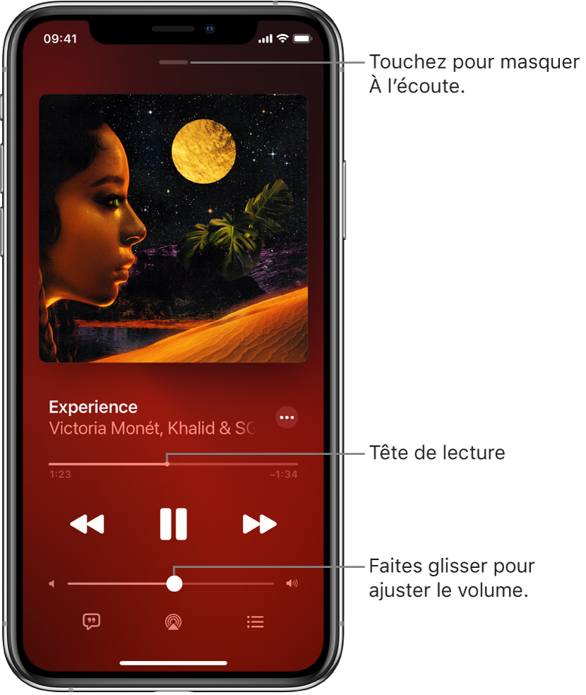L’écran À l’écoute avec l’illustration de l’album. En dessous se trouvent le titre du morceau, le nom de l’artiste, le bouton Plus, la tête de lecture, les commandes de lecture, le curseur de volume, le bouton Paroles, le bouton « Destination pour la lecture » et le bouton « File d’attente ». Le bouton pour masquer À l’écoute se trouve en haut.