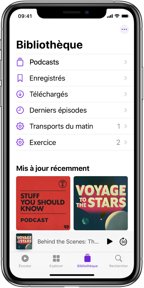 L’onglet Bibliothèque affichant les podcasts récemment suivis.