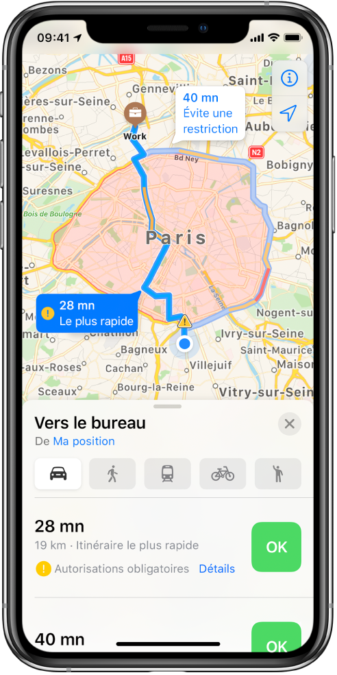Carte routière avec Paris au centre affichant un itinéraire rapide qui traverse la ville et un itinéraire plus lent qui contourne la ville et évite les restrictions.