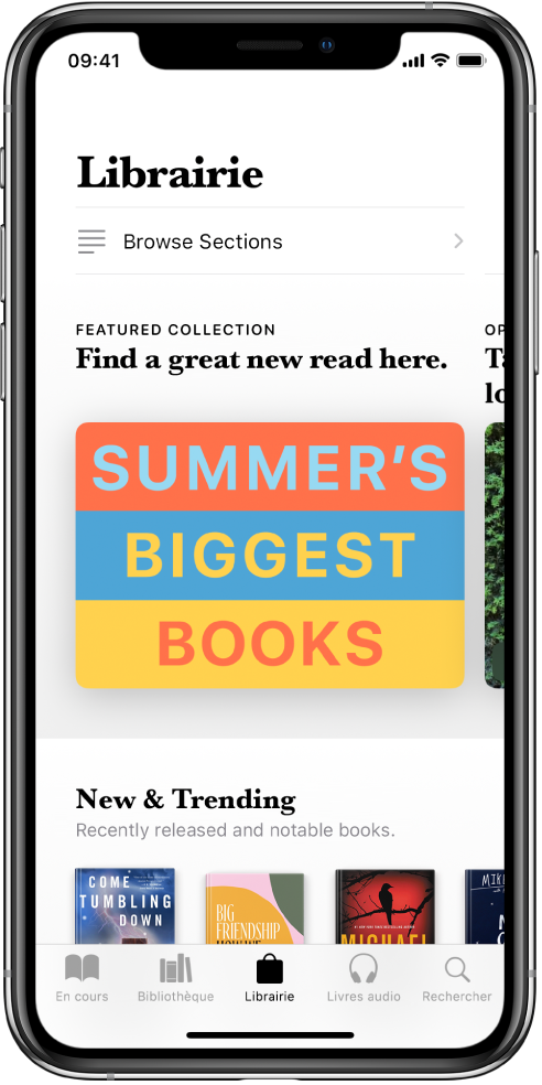 Un écran de la librairie dans l’app Livres. En bas de l’écran se trouvent, de gauche à droite, les onglets En cours, Bibliothèque, Librairie, Livres audio et Rechercher ; l’onglet Librairie est sélectionné. L’écran affiche également des livres et des catégories de livres à parcourir et à acheter.