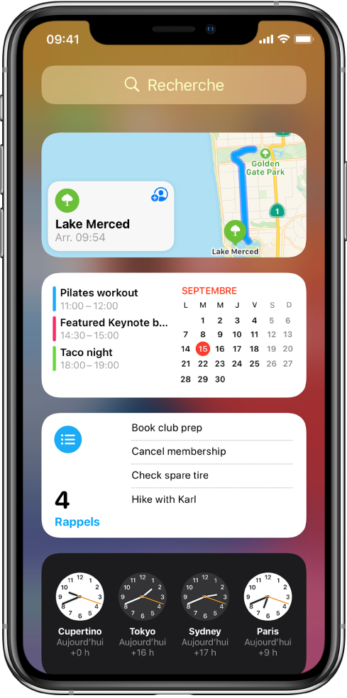Widgets de l’affichage du jour sur l’iPhone, comprenant les widgets Plans, Calendrier, Rappels et Horloge.
