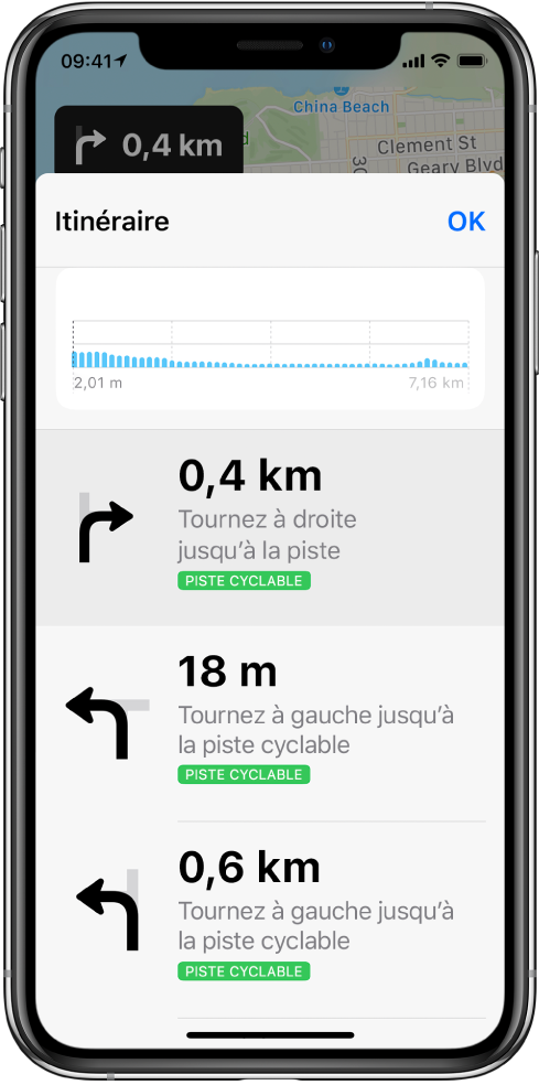 Une liste d’instructions concernant les virages d’un itinéraire pour un trajet à vélo.