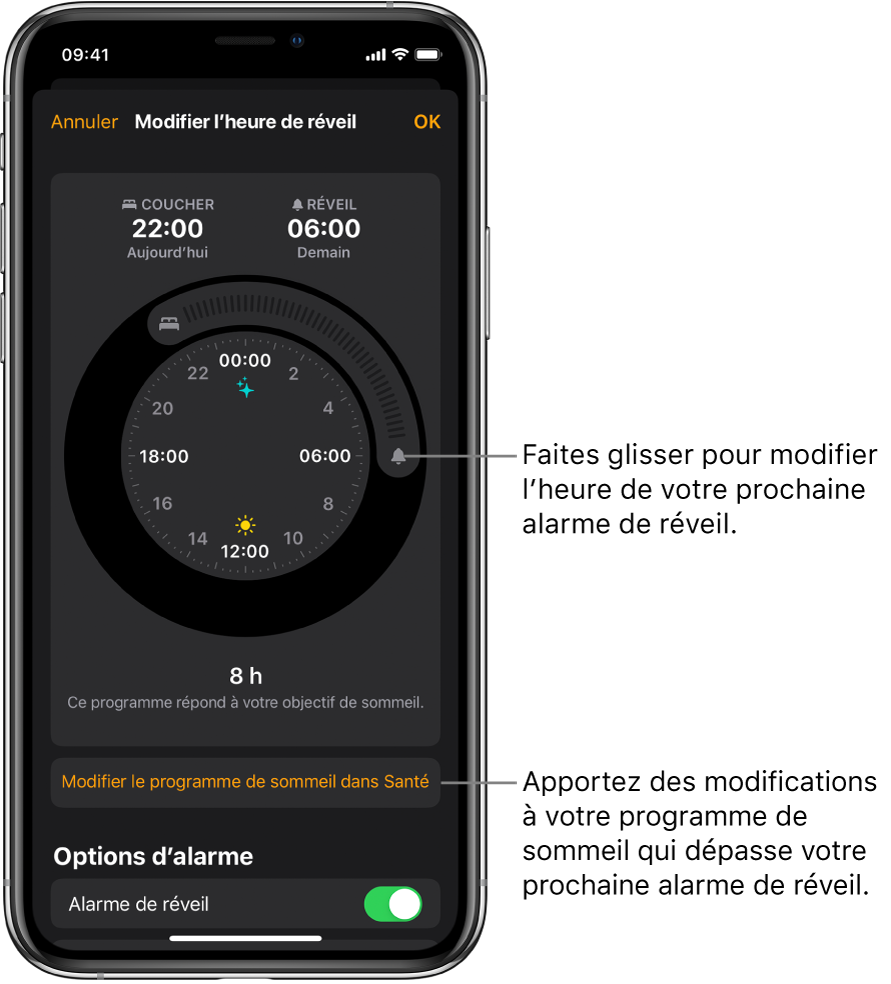 Un écran permettant de modifier l’alarme de réveil du lendemain, avec des boutons à faire glisser pour modifier les heures de coucher et de réveil, un bouton pour modifier le programme de sommeil dans l’app Santé, et un bouton pour activer ou désactiver l’alarme de réveil.