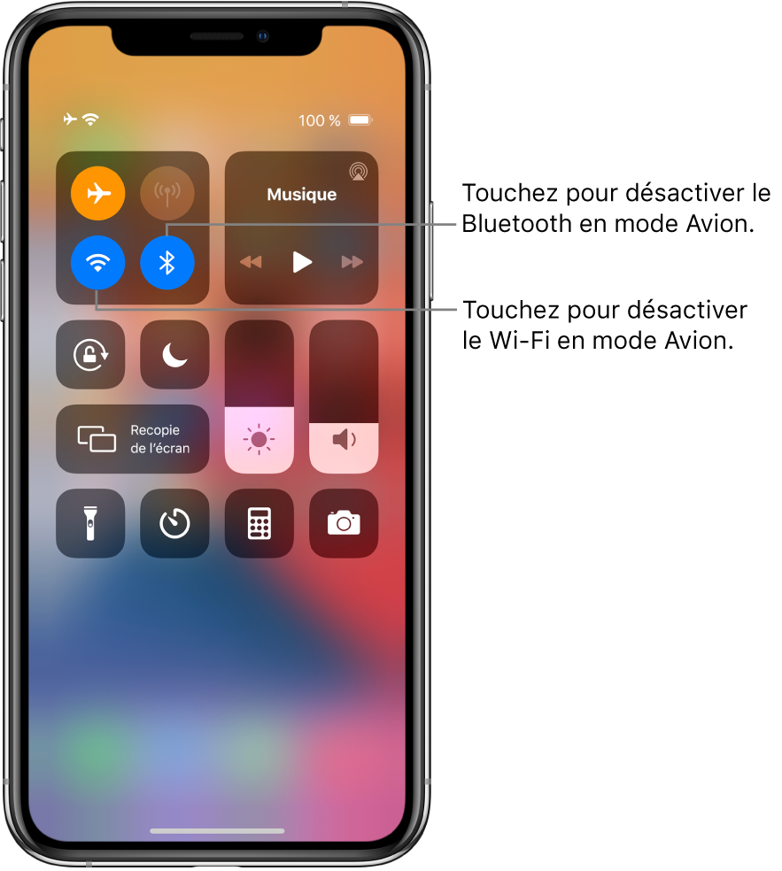 Le Centre de contrôle avec le mode Avion activé et des légendes expliquant que toucher le bouton en bas à gauche dans le groupe de commandes situé en haut à gauche désactive le Wi-Fi, et que toucher le bouton en bas à droite au sein de ce groupe désactive le Bluetooth.