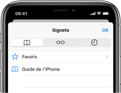 L’écran Signets, avec des options permettant de voir vos favoris et votre historique de navigation, ainsi que vos signets.