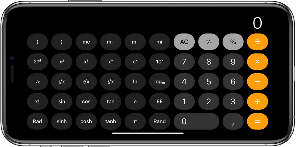iPhone en orientation paysage affichant la calculette scientifique avec les fonctions exponentielles, logarithmiques et trigonométriques.